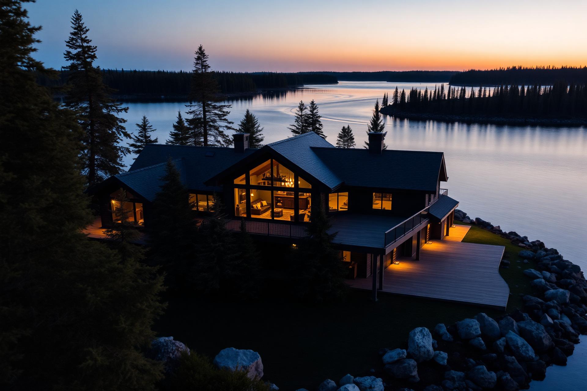 Custom lakefront home built by Hughesman Homes on the Lake of the Woods